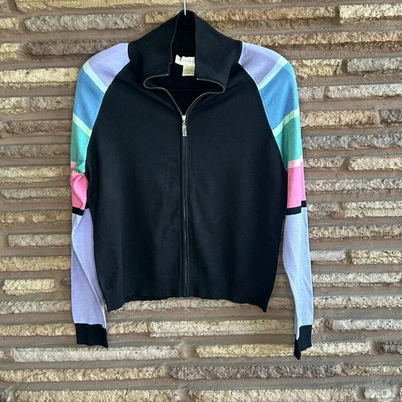 Doncaster Black Full Zip Cardigan Sweater With Rainbow Colored Striped Sleeves - Picture 5 of 5